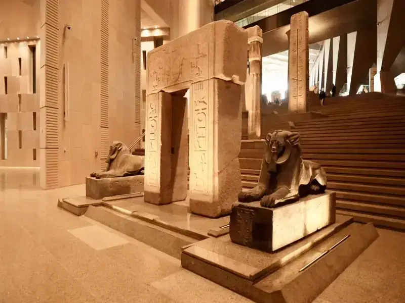Exterior view of the Grand Egyptian Museum near the Pyramids of Giza in Cairo, Egypt